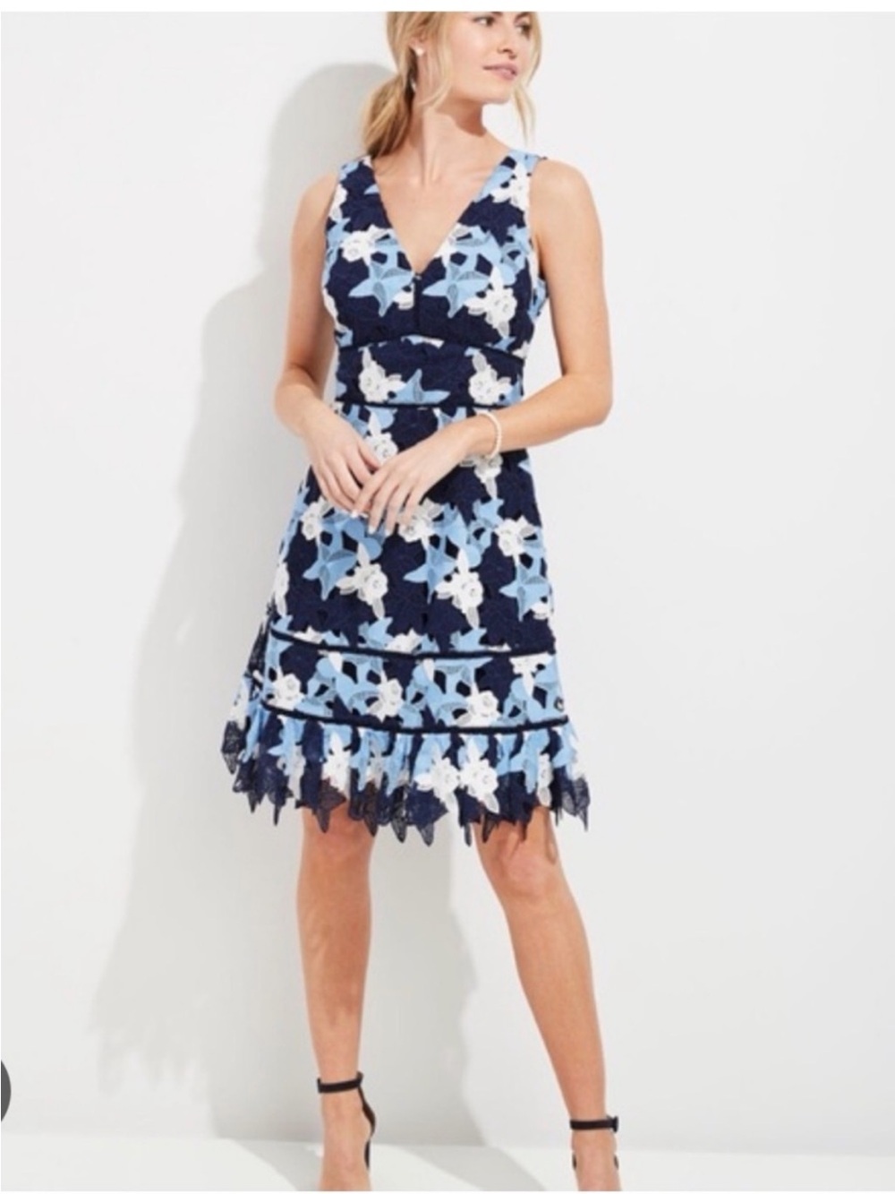 Vineyard Vines Navy, Light Blue & White Floral Lace Midi Dress